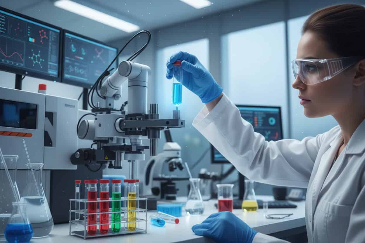 A female scientist in a lab coat and safety goggles examines a glowing blue test tube in a modern laboratory.